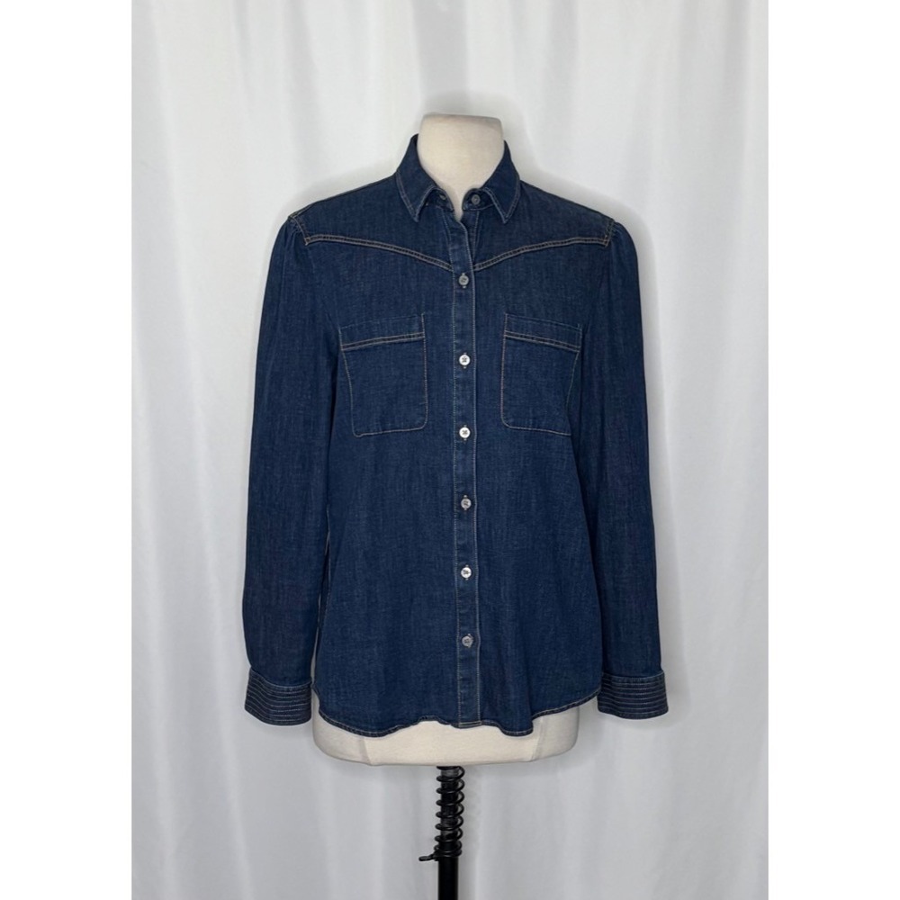 Women's UNTUCKIT Jenna Buttondown Denim Shirt Top Pockets Dark Wash Preppy 8 - Picture 3 of 13